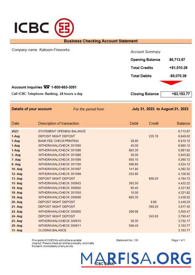 Blank ICBC bank business checking account statement Word and PDF template